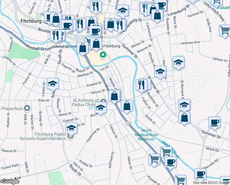 map of restaurants, bars, coffee shops, grocery stores, and more near 350 Water Street in Fitchburg