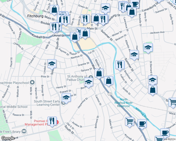 map of restaurants, bars, coffee shops, grocery stores, and more near 42 Salem Street in Fitchburg