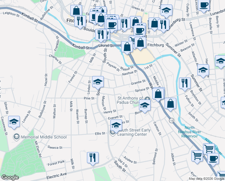 map of restaurants, bars, coffee shops, grocery stores, and more near 41 Thomas Street in Fitchburg