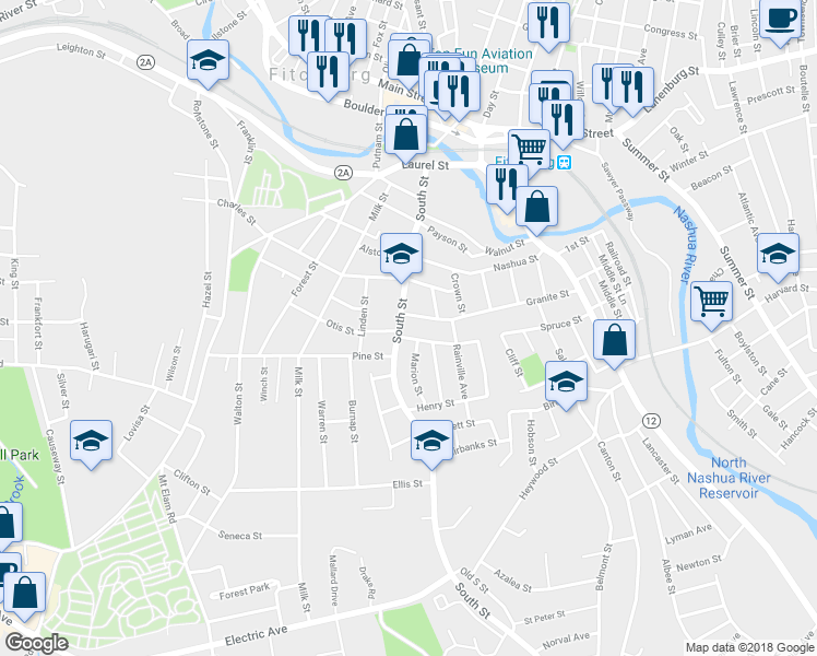 map of restaurants, bars, coffee shops, grocery stores, and more near 176 South Street in Fitchburg