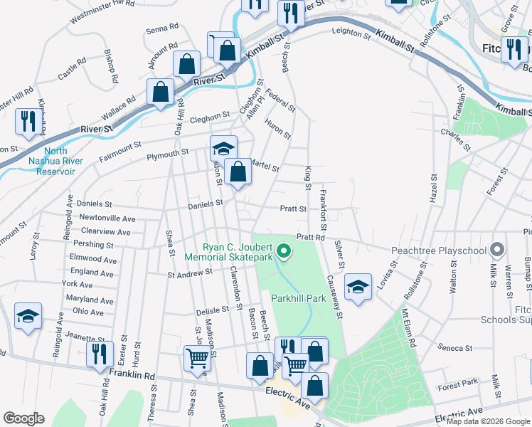 map of restaurants, bars, coffee shops, grocery stores, and more near 302 Beech Street in Fitchburg
