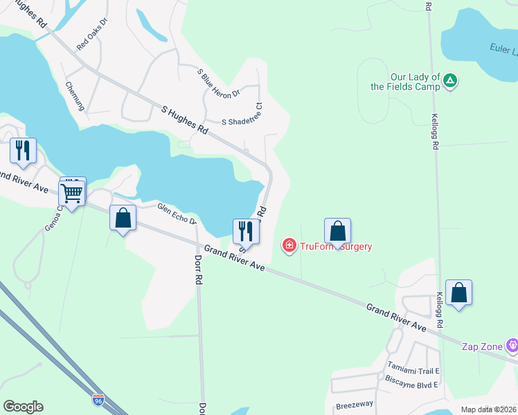 map of restaurants, bars, coffee shops, grocery stores, and more near 1776 South Hughes Road in Brighton