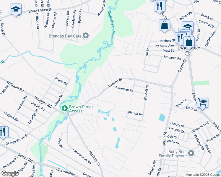 map of restaurants, bars, coffee shops, grocery stores, and more near 195 Brown Street in Tewksbury