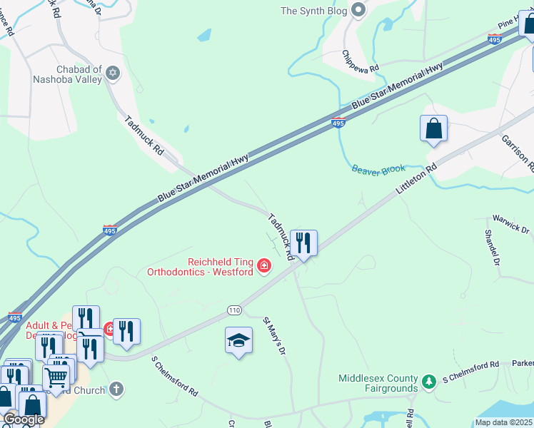 map of restaurants, bars, coffee shops, grocery stores, and more near 61 Tadmuck Road in Westford