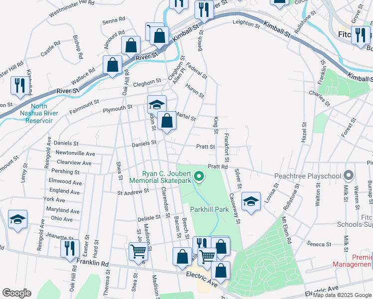 map of restaurants, bars, coffee shops, grocery stores, and more near 302 Beech Street in Fitchburg