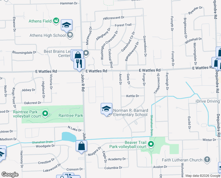 map of restaurants, bars, coffee shops, grocery stores, and more near 3925 Fairfax Drive in Troy