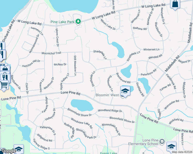 map of restaurants, bars, coffee shops, grocery stores, and more near 4358 Strathdale Court in Oakland County