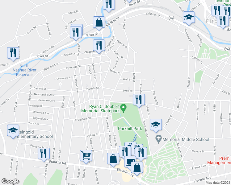 map of restaurants, bars, coffee shops, grocery stores, and more near 302 Beech Street in Fitchburg