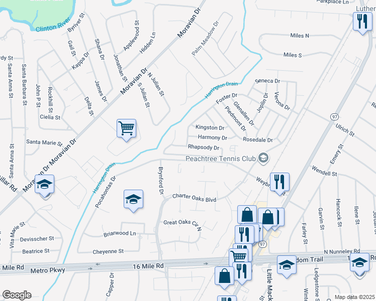 map of restaurants, bars, coffee shops, grocery stores, and more near 19879 Arcadia Drive in Clinton Township