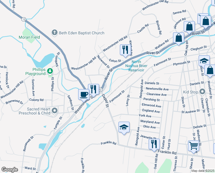 map of restaurants, bars, coffee shops, grocery stores, and more near 1317 Westminster Hill Road in Fitchburg