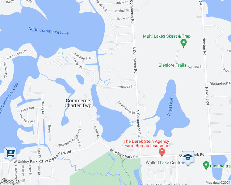 map of restaurants, bars, coffee shops, grocery stores, and more near 3655 Watuga Street in Commerce Charter Township