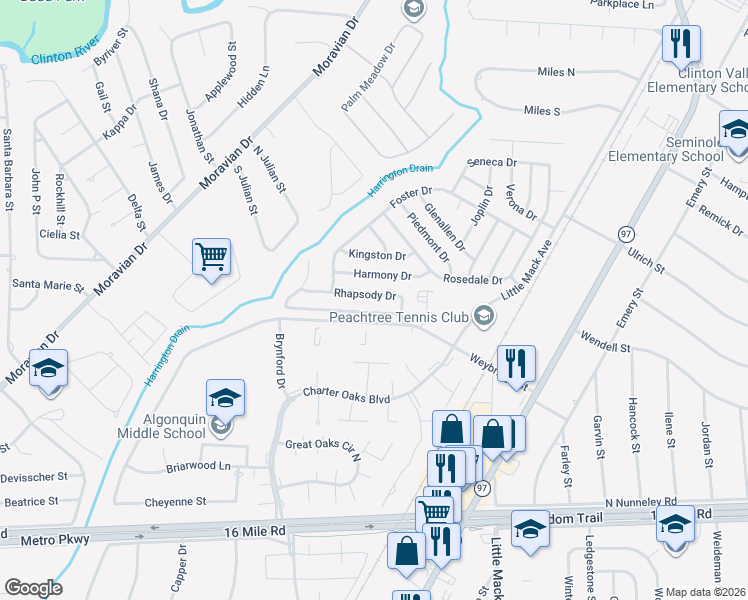 map of restaurants, bars, coffee shops, grocery stores, and more near 20140 Rhapsody Drive in Clinton Township