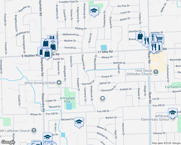 map of restaurants, bars, coffee shops, grocery stores, and more near 2956 Charity Drive in Sterling Heights