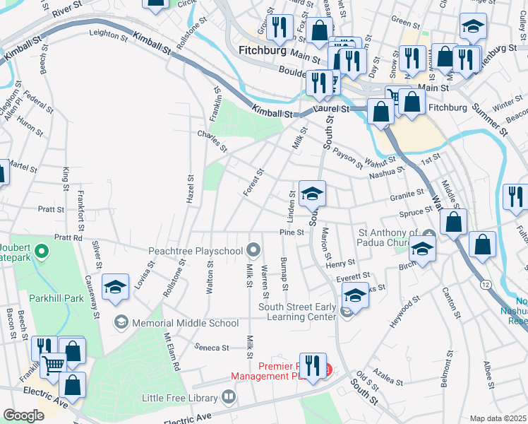 map of restaurants, bars, coffee shops, grocery stores, and more near 164 Milk Street in Fitchburg