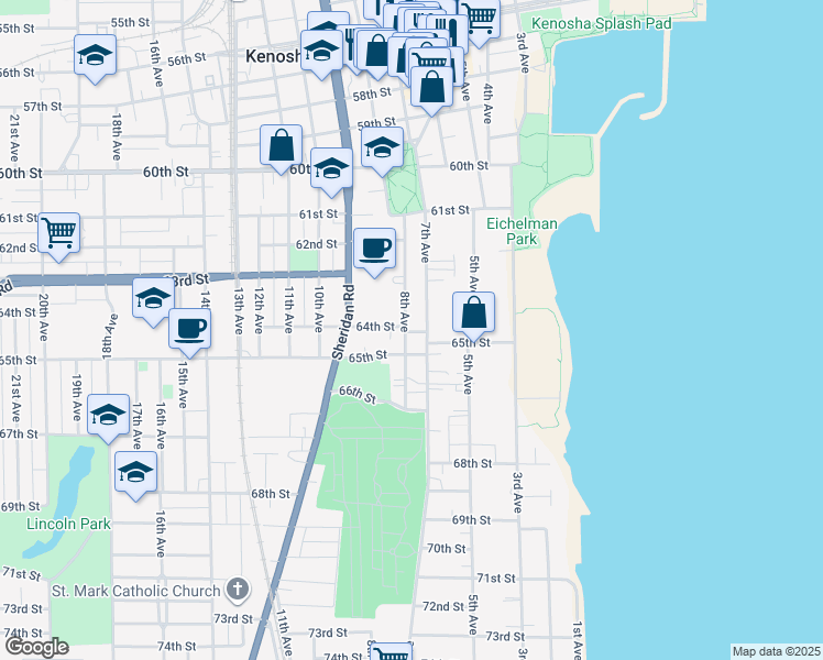 map of restaurants, bars, coffee shops, grocery stores, and more near 6401 8th Avenue in Kenosha