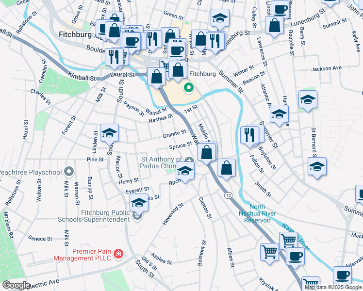 map of restaurants, bars, coffee shops, grocery stores, and more near 42 Salem Street in Fitchburg