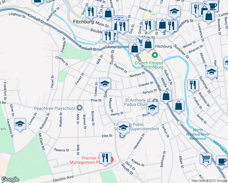 map of restaurants, bars, coffee shops, grocery stores, and more near 41 Thomas Street in Fitchburg