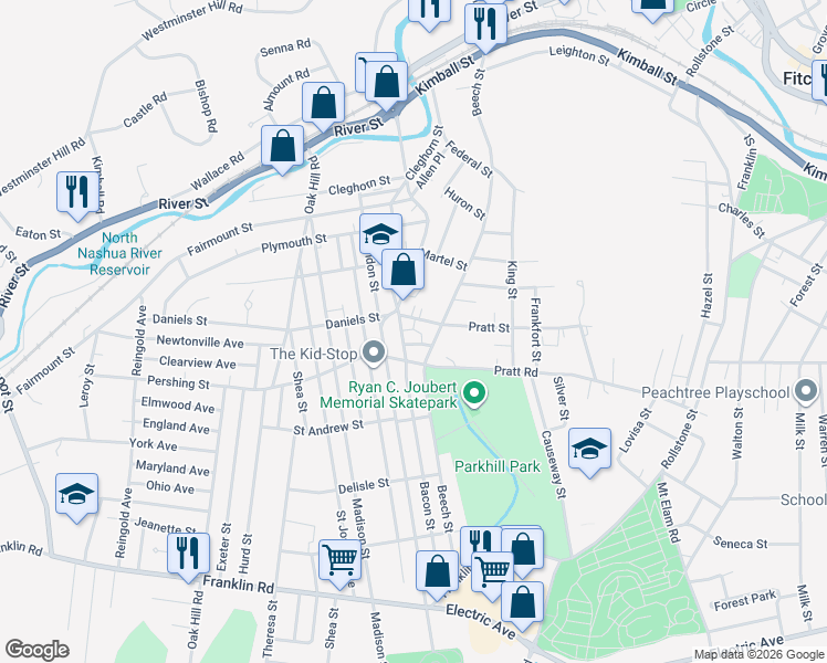 map of restaurants, bars, coffee shops, grocery stores, and more near 130 Woodland Street in Fitchburg
