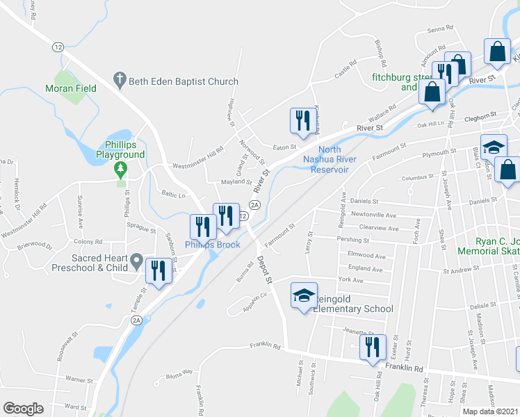 map of restaurants, bars, coffee shops, grocery stores, and more near 1317 Westminster Hill Road in Fitchburg