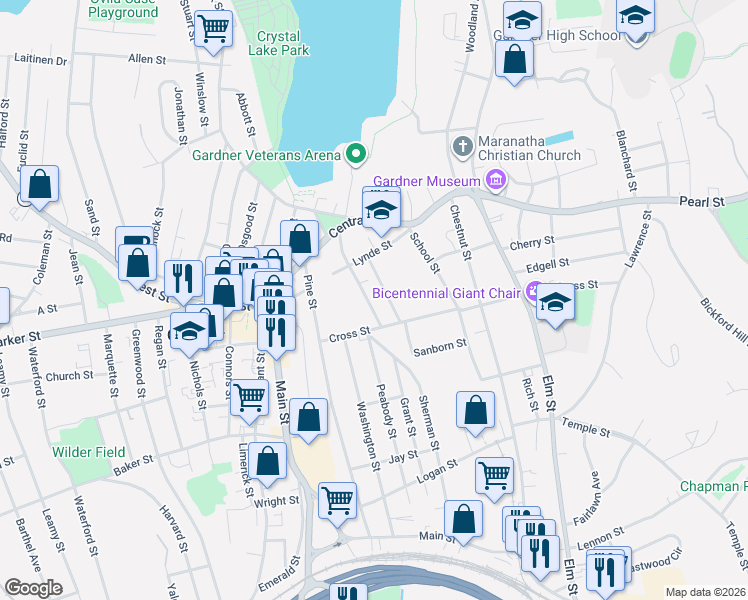 map of restaurants, bars, coffee shops, grocery stores, and more near 105 Maple Street in Gardner