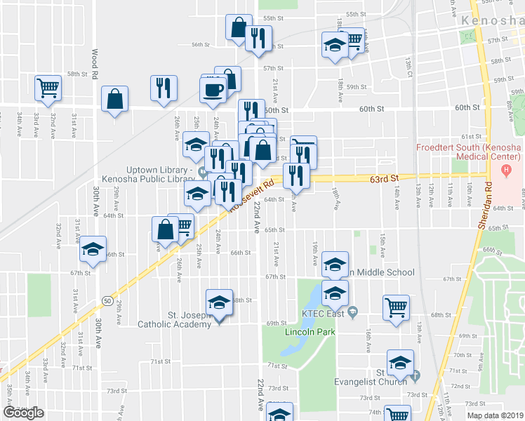 map of restaurants, bars, coffee shops, grocery stores, and more near 6423 22nd Avenue in Kenosha