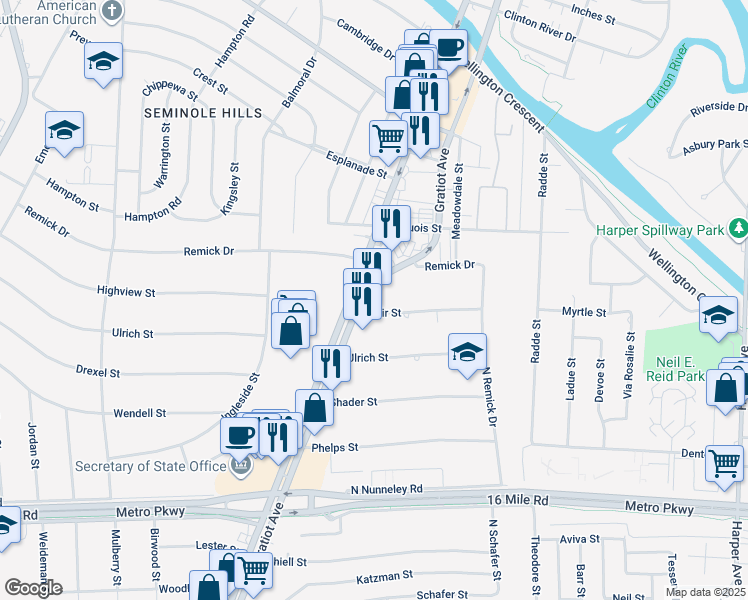 map of restaurants, bars, coffee shops, grocery stores, and more near 37930 South Gratiot Avenue in Clinton Township
