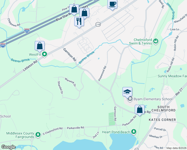 map of restaurants, bars, coffee shops, grocery stores, and more near 4 Pinewood Road in Chelmsford