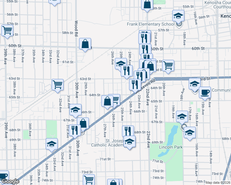 map of restaurants, bars, coffee shops, grocery stores, and more near 6410 25th Avenue in Kenosha