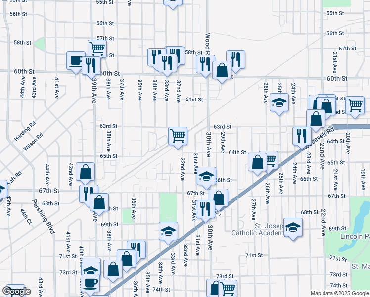 map of restaurants, bars, coffee shops, grocery stores, and more near 3120 64th Street in Kenosha