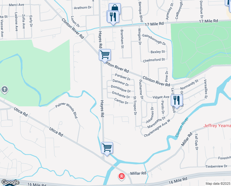 map of restaurants, bars, coffee shops, grocery stores, and more near 15365 Cartier Drive in Clinton Township