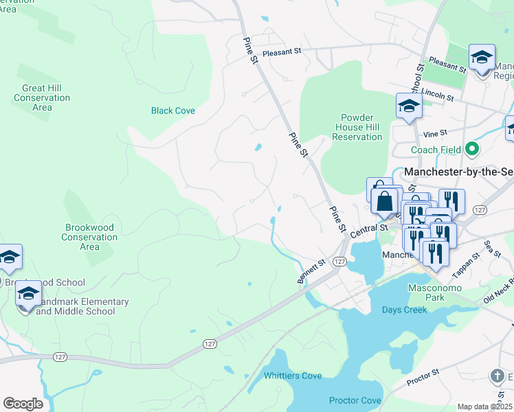 map of restaurants, bars, coffee shops, grocery stores, and more near 7 Woodcrest Road in Manchester-by-the-Sea