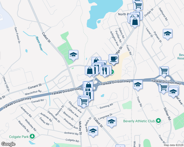 map of restaurants, bars, coffee shops, grocery stores, and more near 41 Chipman Road in Beverly