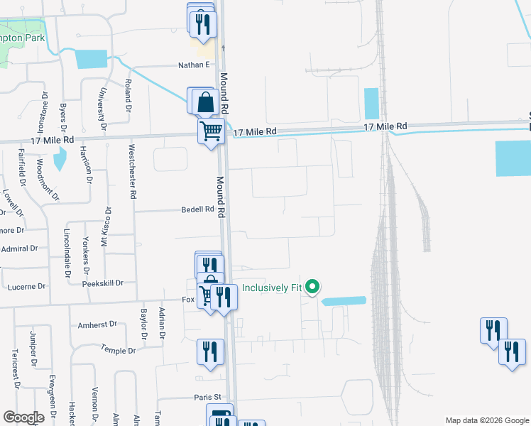 map of restaurants, bars, coffee shops, grocery stores, and more near 38500 Mound Road in Sterling Heights