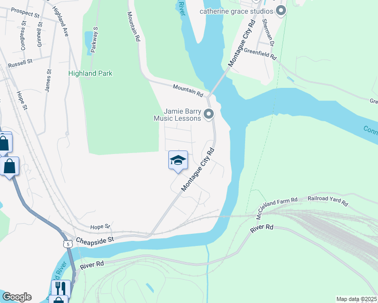 map of restaurants, bars, coffee shops, grocery stores, and more near 17 Park Avenue in Greenfield