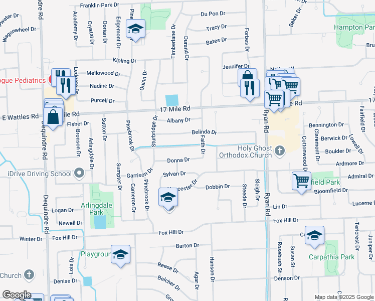 map of restaurants, bars, coffee shops, grocery stores, and more near 3113 Donna Drive in Sterling Heights