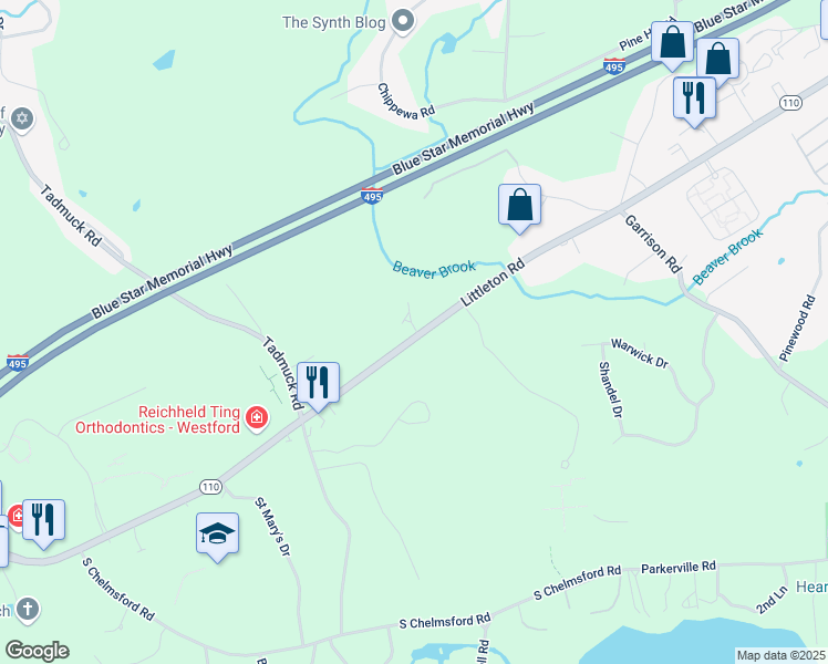 map of restaurants, bars, coffee shops, grocery stores, and more near 35 Littleton Road in Westford