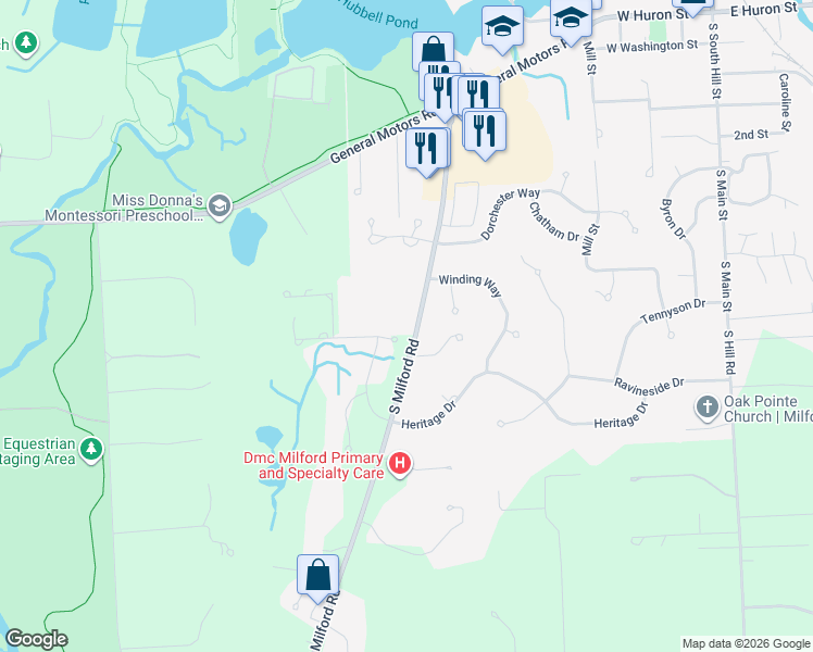 map of restaurants, bars, coffee shops, grocery stores, and more near 900 Hillhollow Lane in Milford Charter Township