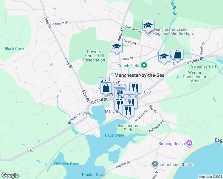 map of restaurants, bars, coffee shops, grocery stores, and more near 12 School Street in Manchester-by-the-Sea