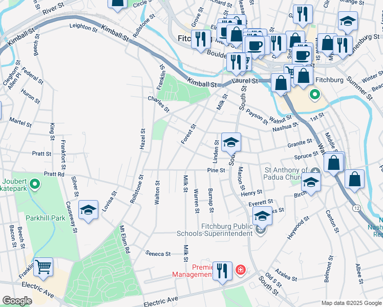 map of restaurants, bars, coffee shops, grocery stores, and more near 34 Otis Street in Fitchburg