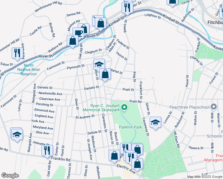 map of restaurants, bars, coffee shops, grocery stores, and more near 302 Beech Street in Fitchburg