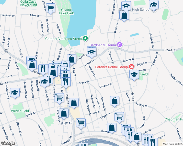 map of restaurants, bars, coffee shops, grocery stores, and more near 62 Lincoln Street in Gardner