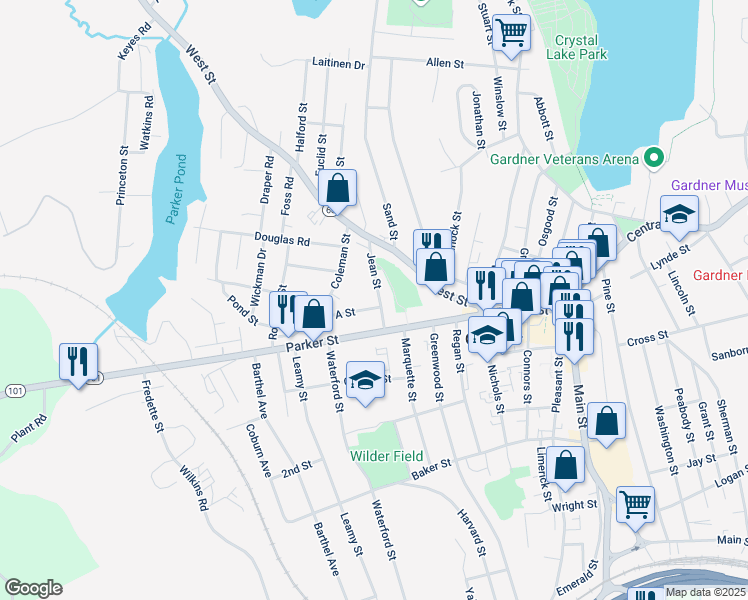 map of restaurants, bars, coffee shops, grocery stores, and more near 6 A Street in Gardner