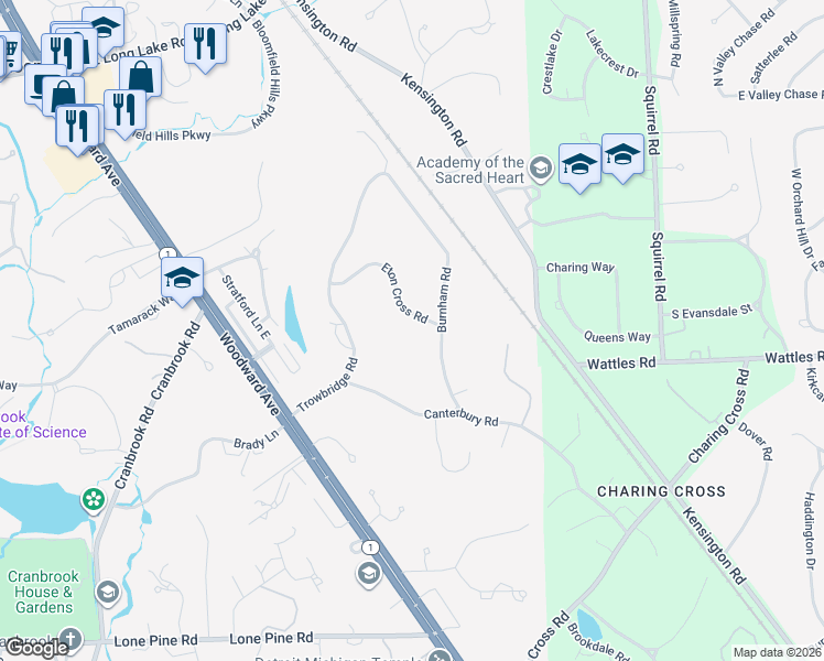 map of restaurants, bars, coffee shops, grocery stores, and more near 1115 Eton Cross Road in Bloomfield Hills