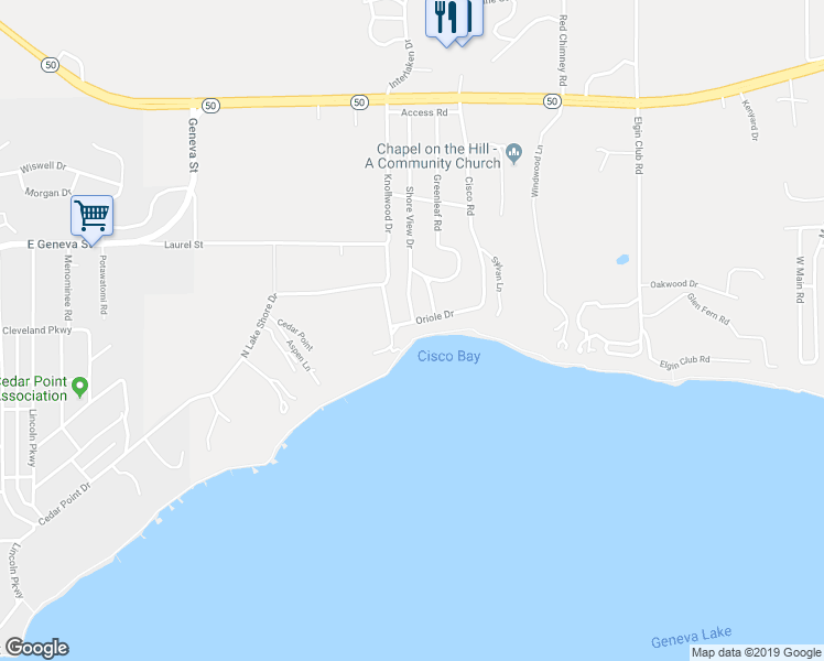 map of restaurants, bars, coffee shops, grocery stores, and more near W4283 Oriole Drive in Lake Geneva