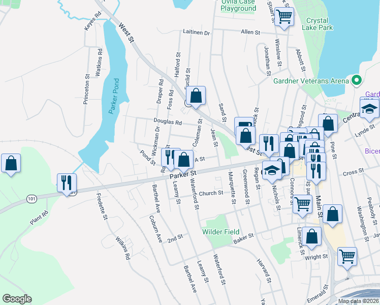 map of restaurants, bars, coffee shops, grocery stores, and more near 75 Coleman St in Gardner