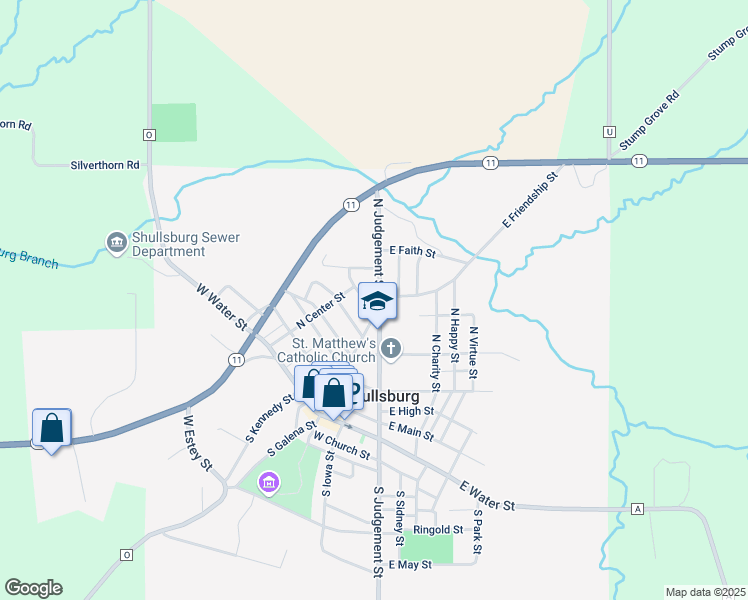 map of restaurants, bars, coffee shops, grocery stores, and more near 457 North Judgement Street in Shullsburg
