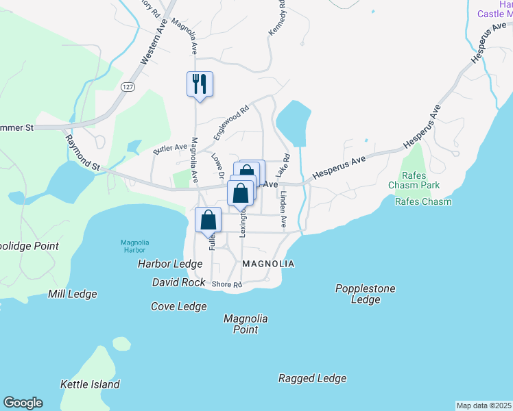 map of restaurants, bars, coffee shops, grocery stores, and more near 2 Ocean Avenue in Gloucester