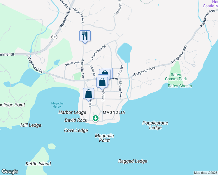 map of restaurants, bars, coffee shops, grocery stores, and more near 2 Ocean Avenue in Gloucester
