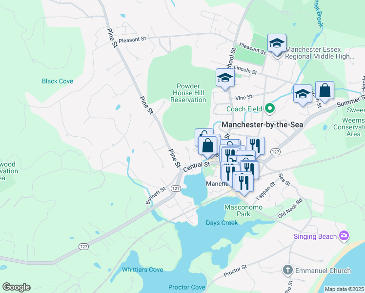 map of restaurants, bars, coffee shops, grocery stores, and more near 18 Morse Court in Manchester-by-the-Sea