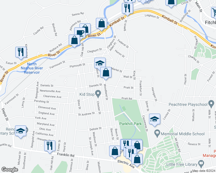 map of restaurants, bars, coffee shops, grocery stores, and more near 130 Woodland Street in Fitchburg
